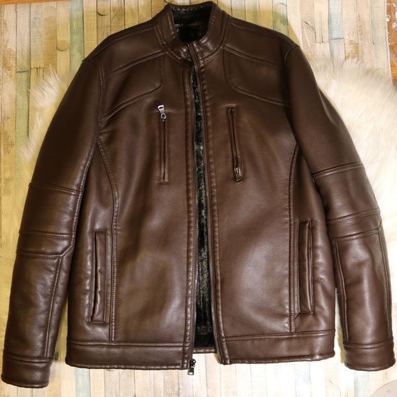 INC | MEN BROWN FUR LEATHER JACKET - Picture 1 of 3